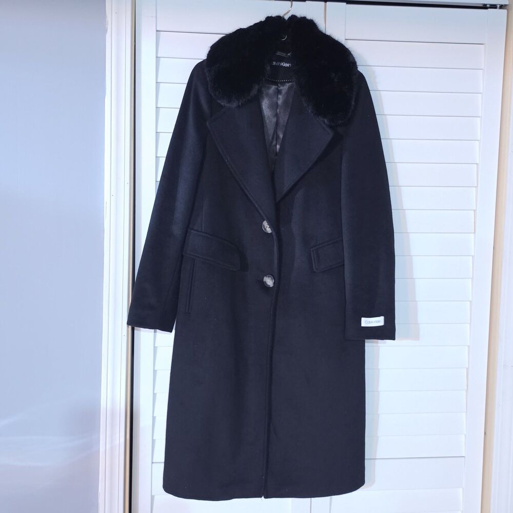 Calvin Klein Black Wool Blend Classic Coat Women's Sz S Faux Fur Removal Collar